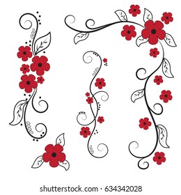 Set of red and black compositions with flowers and leaves