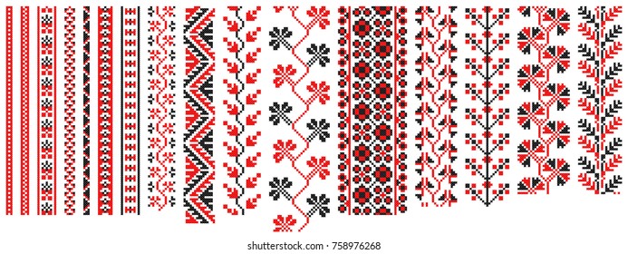 set of red and black ethnic patterns for embroidery stitch