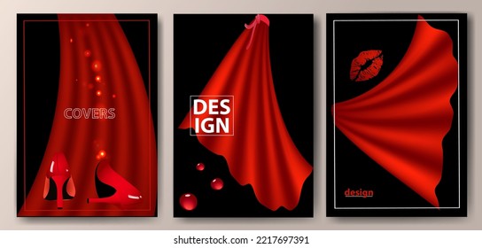 Set of red and black fashion backgrounds with flying silk and stylish details
