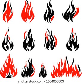 Set red and black fire flames. Collection of hot fire elements. Energy and strength.
