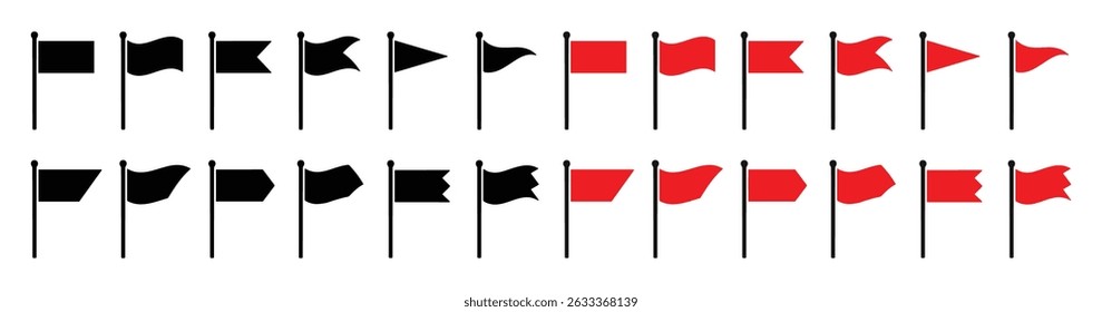 Set of red and black flag icons in various shape. Collection of red, black flag isolated on white background. Vector illustration of silhouette red and black flags in multiple shapes. Flat style.