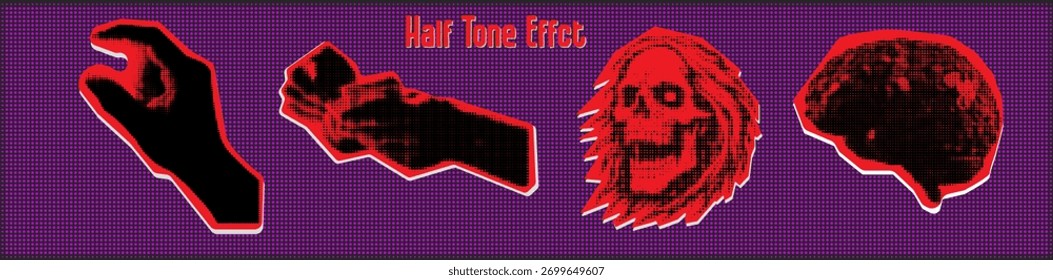 A set of red and black halftone effect elements including a hand, fist, skull, and brain on a purple grid background,