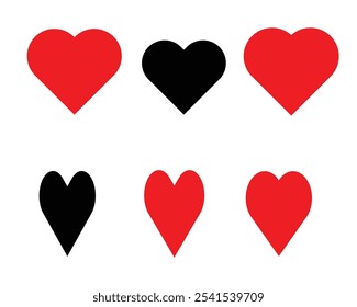 Set of Red and Black Heart Icons in Different Shapes - Simple Vector Illustration of Hearts for Valentine's Day, Love Symbols, and Romantic Designs