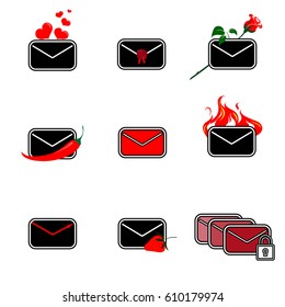Set of red and black icons with the image of postal envelopes. Vector illustration.