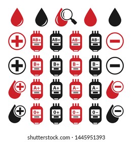 Set of red and black icons of plastic bags for blood transfusions for different blood groups in a flat style isolated on a white background. Rhesus factor positive and negative. Vector illustration