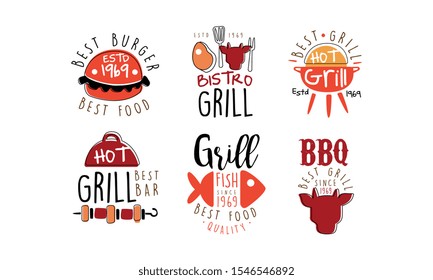 Set of red black logos in a minimalistic style for a grill bar. Vector illustration on a white background.