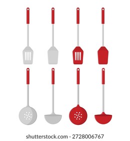Conjunto de utensilios de cocina de plástico rojo y negro que incluyen una cuchara, espátula y cucharón aislados en blanco para cocinar alimentos con utensilios de cocina esenciales y equipos de acero inoxidable