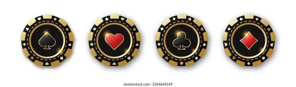 Set of red and black poker chips. Gambling tokens with suits for poker and casino. Diamonds, clubs, hearts, spades chips. Vector illustration on a white background.