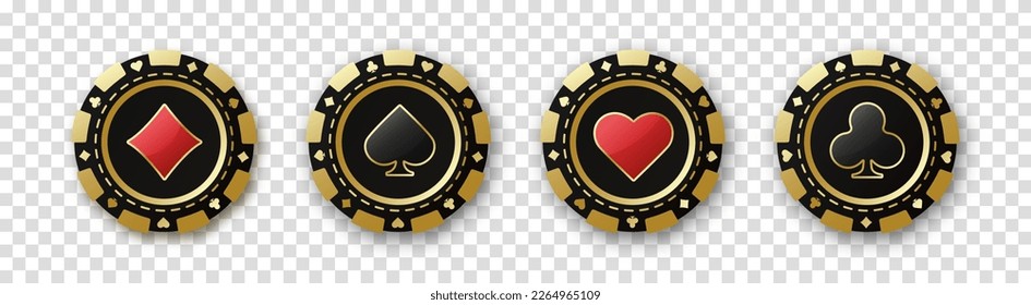 Set of red and black poker chips. Gambling tokens with suits for poker and casino. Diamonds, clubs, hearts, spades chips. Vector illustration on a transparent background.