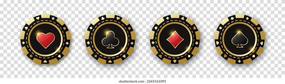 Set of red and black poker chips. Gambling tokens with suits for poker and casino. Diamonds, clubs, hearts, spades chips. Vector illustration on a transparent background.