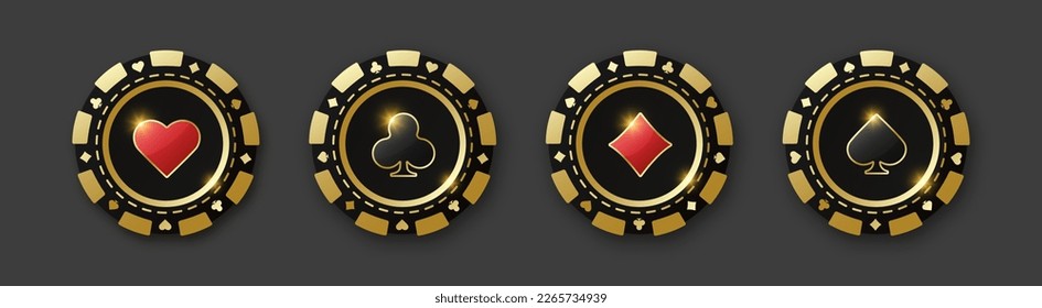 Set of red and black poker chips. Gambling tokens with suits for poker and casino. Diamonds, clubs, hearts, spades chips. Vector illustration. For game design, advertising web banner and poster.