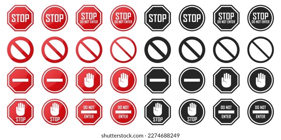 Set of red and black prohibition signs. Stop, do not enter sign collection