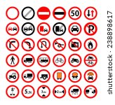 Set of red and black round road sign for car, lorry, pedestrian, bicycle and bike. Collection of prohibitory and forbidding traffic symbol. vector art image illustration, isolated on white background 