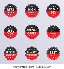 Set of red black sale tags labels with circle zigzag shapes and star symbols vector illustration Best price Special offer Buy now Best quality editable text 