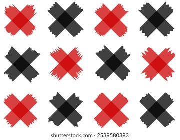 Set of red and black semi-transparent washi tapes isolated on white. Tapes collection in vector. Pieces of decorative tape for scrapbooks. Torn paper. Valentine's Day. Black Friday