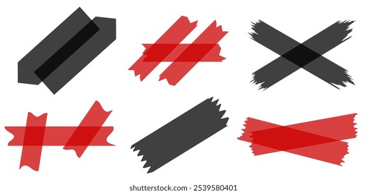 Set of red and black semi-transparent washi tapes isolated on white. Tapes collection in vector. Pieces of decorative tape for scrapbooks. Torn paper. Valentine's Day. Black Friday
