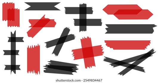 Set of red and black semi-transparent washi tapes isolated on white. Tapes collection in vector. Pieces of decorative tape for scrapbooks. Torn paper. Valentine's Day. Black Friday