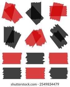 Set of red and black semi-transparent washi tapes isolated on white. Tapes collection in vector. Pieces of decorative tape for scrapbooks. Torn paper. Valentine's Day. Black Friday