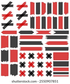 Set of red and black semi-transparent washi tapes isolated on white. Tapes collection in vector. Pieces of decorative tape for scrapbooks. Torn paper. Valentine's Day. Black Friday