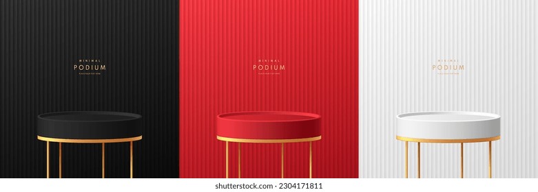 Conjunto de fondo de podio del cilindro 3D rojo, negro y plateado sobre el caballete dorado. Escaparate de escena de maquillaje mínimo de lujo de la pared, pantalla de promoción de banner cosmético. Resumen de formas geométricas vectoriales.