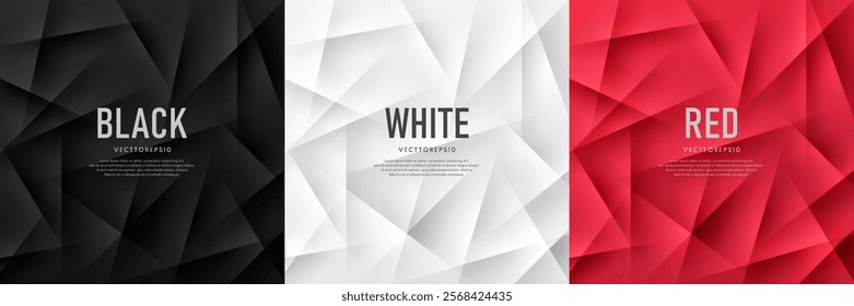 Set of red, black and silver white abstract background with dynamic polygonal stripes lighting and shadow. Simple luxury template banner design. Modern futuristic concept. Vector illustration.