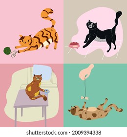 Satz von roten, schwarzen, verdorbenen Katzen. Spielen Sie mit einem Wollball, mit einer Hand, essen Sie aus einer Schüssel, sitzen Sie auf dem Tisch. Aufkleber-Poster, Vektorgrafik