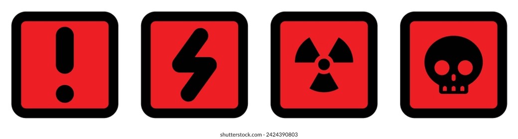 Conjunto rojo negro cuadrado iconos radioactivo nuclear señal de alerta eléctrica voltaje advertencia símbolo de peligro de advertencia de peligro de peligro de tráfico vector diseño plano para sitio web móvil aislado blanco Fondo