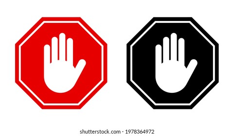 Set of Red and Black Stop Hand Block Octagon Sign or Ad block or Do Not Enter or Forbidden Icon. Vector Image.