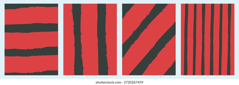 Conjunto de faixas vermelhas e pretas. padrões apresentados em uma composição de quatro painéis usando cores vermelho e cinza profundo contrastantes