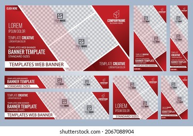 Conjunto de plantillas de banners Web rojos y negros, tamaños estándar de cobertura con espacio. Ilustración del vector