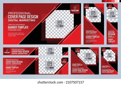 Set of Red and Black Web banners templates, Coverpage Standard sizes with space. Vector illustration