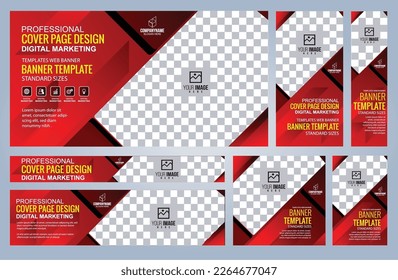 Conjunto de plantillas de banners Web rojos y negros, tamaños estándar de cobertura con espacio. Ilustración del vector