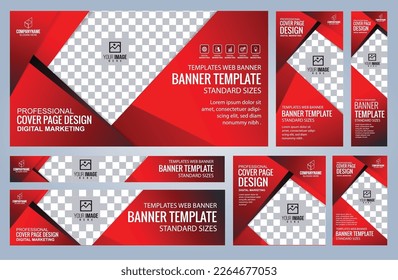 Conjunto de plantillas de banners Web rojos y negros, tamaños estándar de cobertura con espacio. Ilustración del vector
