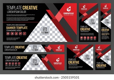 Conjunto de Anuncios de Web rojo y negro Plantillas de redes sociales, tamaños estándar con espacio. Ilustración vectorial de Premium