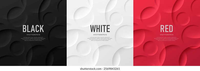 Set of red, black and white abstract background 3D round circles pattern with light, shadow. Neumorphism style. Simple template banner collection design. Modern futuristic concept. Vector illustration