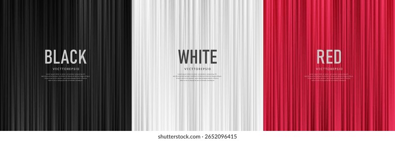Set of red, black and white abstract background vertical stripes lines pattern with light, shadow. Simple template banner design. Modern futuristic concept. Use for book cover, poster, web, Print ad.