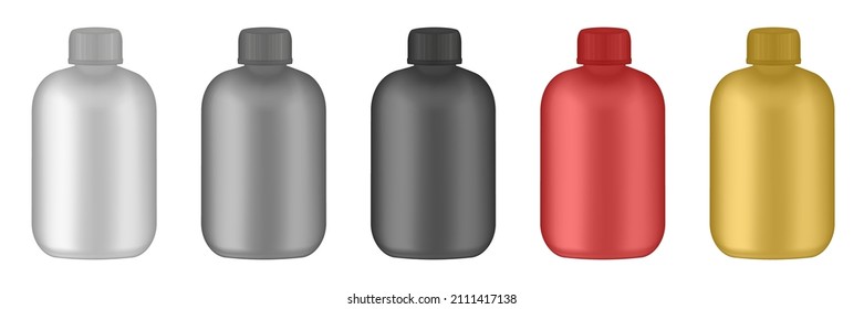 Set of red, black, white and gold bottles. Sports nutrition containers packages, fitness protein. Bodybuilding sport food. Jars with supplements for muscle growth. Creatine, BCAA, L-Carnitine, amino