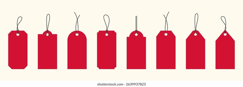 Set of red blank hang price tag in various shapes and black strings. Minimalist flat style. Ideal for sales, gifts, pricing, packaging, branding, label, promotion, discount, online shop marketing