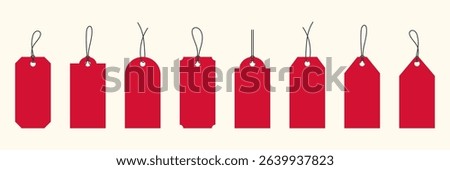 Set of red blank hang price tag in various shapes and black strings. Minimalist flat style. Ideal for sales, gifts, pricing, packaging, branding, label, promotion, discount, online shop marketing