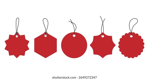 Set of red blank price tags in various geometric shapes with strings, isolated on white. Minimal vector hanging labels. Perfect for sale, discount, gift tag, branding template, packaging, promotion