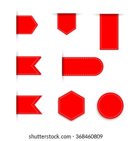 set of red blank ribbon bookmarks, tags, stickers 
