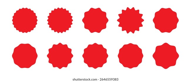 Set of red blank seal badge shapes with wavy and pointed edges. Vector graphic icons isolated. Label and tag design concept. Template and mockup elements for design and print