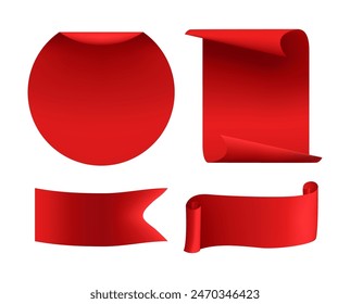 
Conjunto de pegatinas en blanco rojo, etiquetas aisladas sobre fondo transparente. Etiquetas promocionales. Ilustración vectorial en estilo 3d realista.