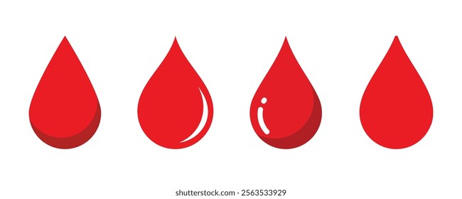 Set of red blood droplet and drop silhouettes, splashes, and blob icons. Isolated red blood drops with design elements. Red droplet set icons suitable for medical, health, and biology themes.