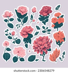 Set of red blooming camellia flowers, blooming branches, buds, green leaves, orange begonia flowers. Hand drawn watercolor isolated elements on white background for wedding invitations, cards.