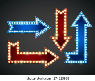 Set of red and blue arrows with bulb lamps. Vector illustration