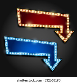 Set of red and blue arrows with bulb lamps. Vector illustration