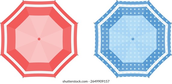 Conjunto de sombrillas de playa rojas y azules Ilustración vectorial plana con vista superior para vacaciones de verano y relajación al aire libre