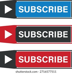 Conjunto de botões de inscrição vermelhos, azuis e pretos com ícone de reprodução branco