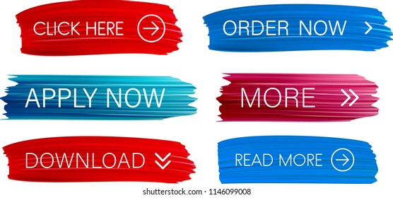 Set of red and blue brush stroke painted web buttons isolated on white background. Vector illustration.
